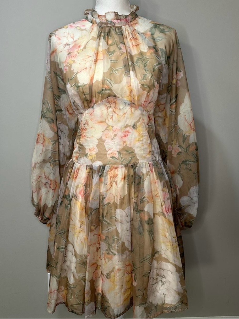 o.p.t Floral Print Sheer Long-Sleeve Mini Dress - Beige Floral
